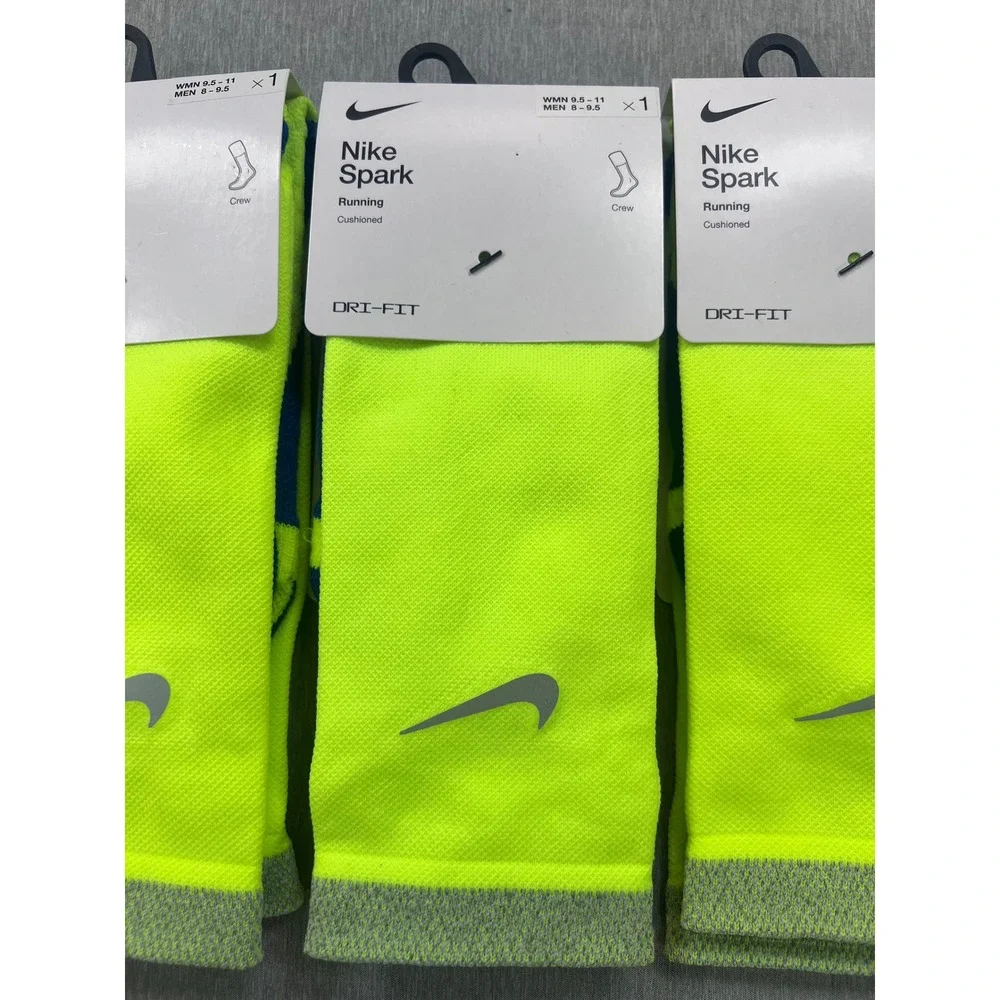 3 Nike Spark Running Crew‎ Socks Volt Yellow Dri-FIT Cushioned M 8-9.5 W 9.5-11